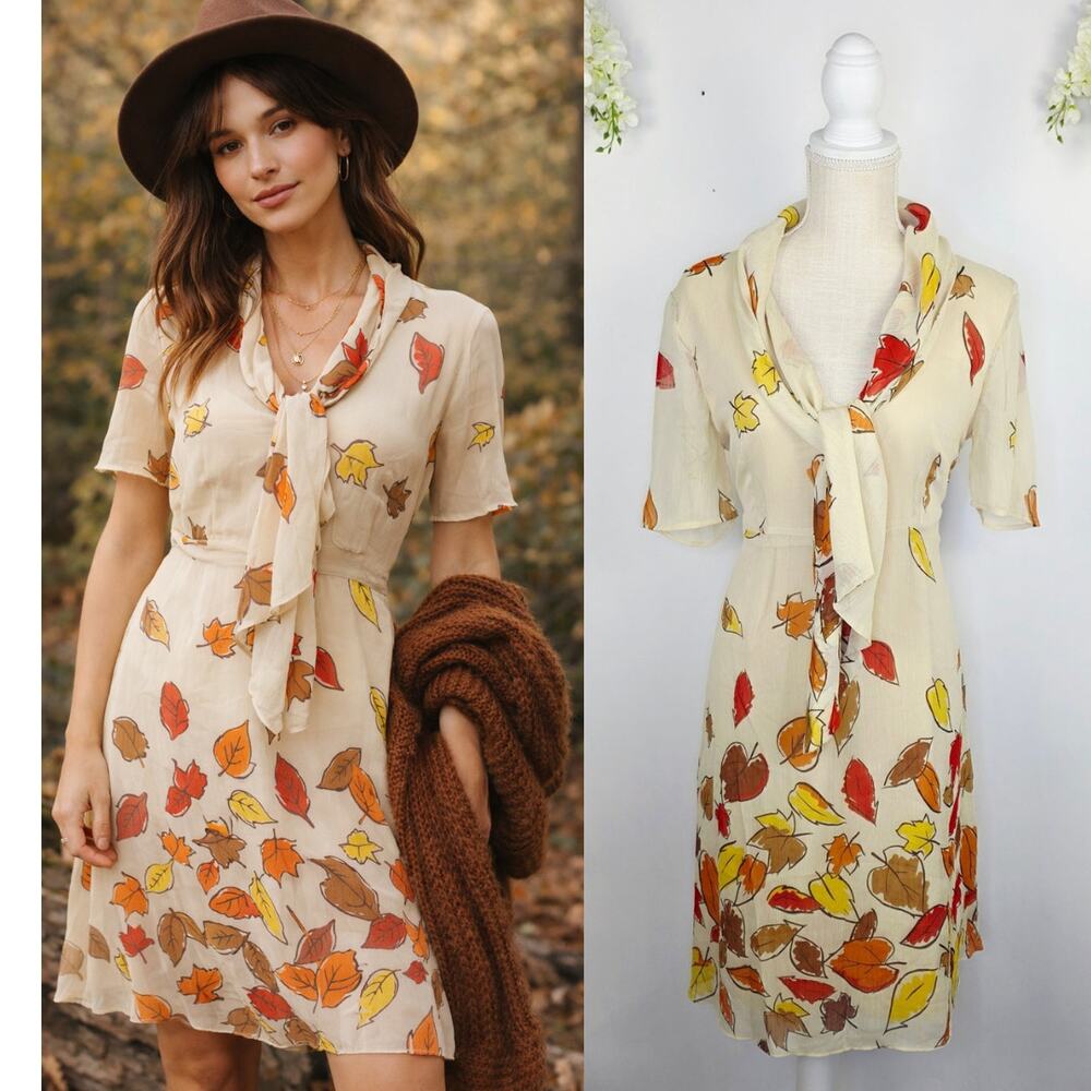 Twist Dress Size 10 Cream Leaf Print Sheer Tie Neck Fall Boho Cottage Goblincore